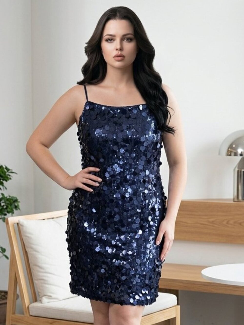 CIDER Dark Buel Sequin Mini Cocktail Dress with Thin Straps, Zip Closure, 1XL